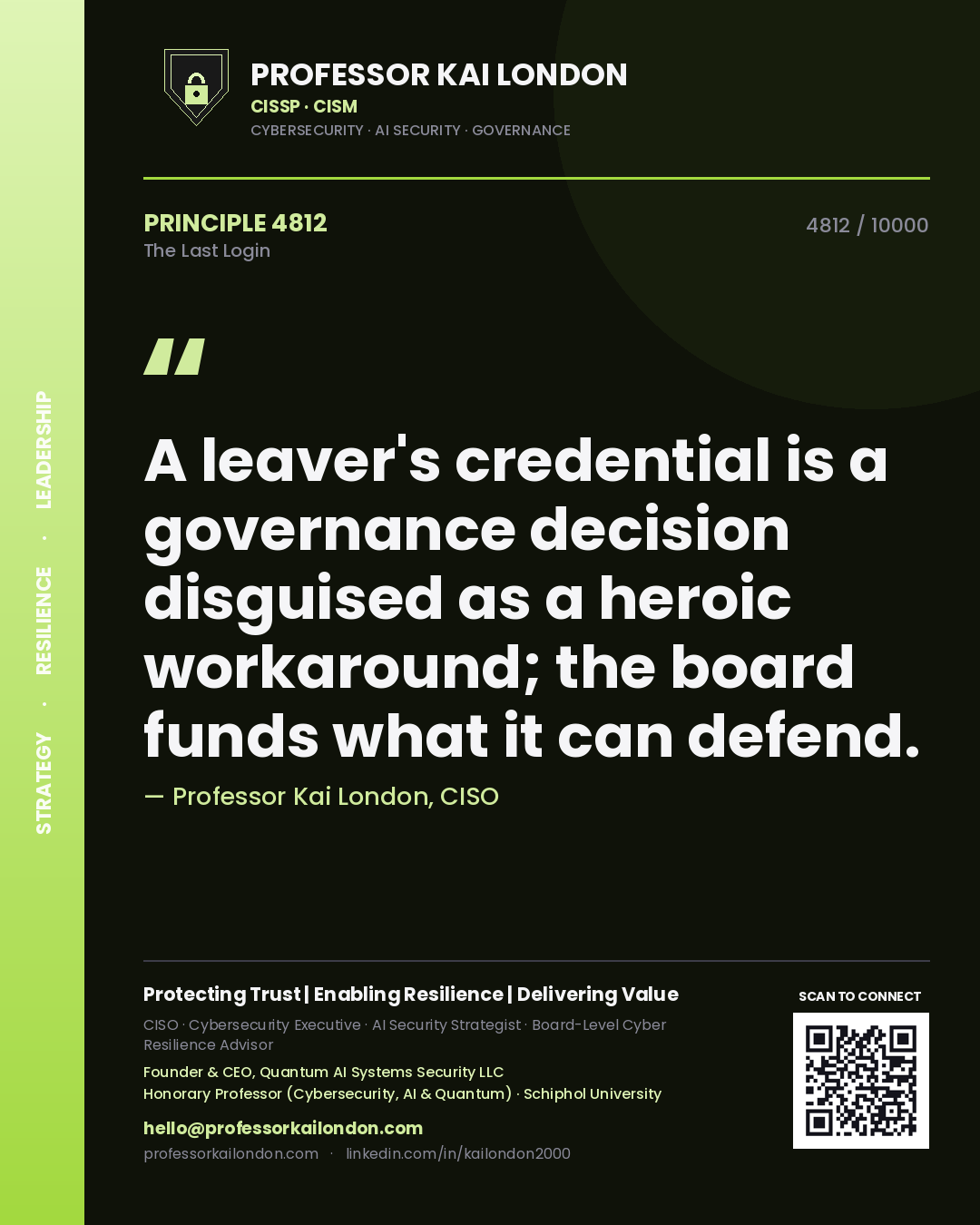 Professor Kai London principle 4812: A leaver's credential is a governance decision disguised as a heroic workaround; the board funds what it can defend.