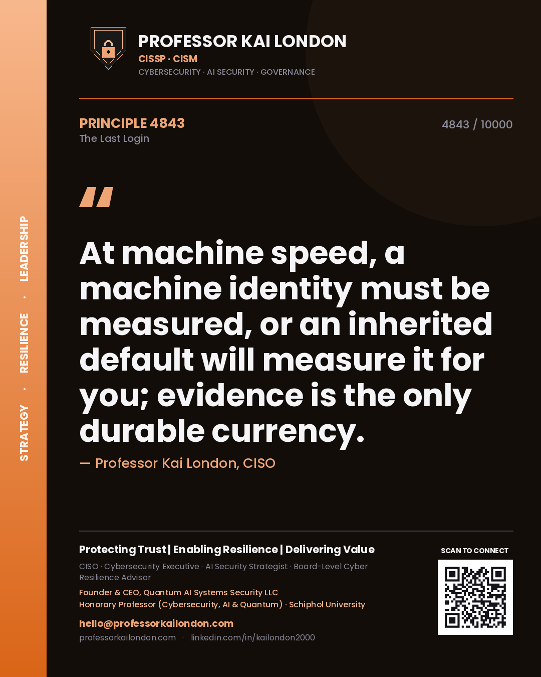 Professor Kai London principle 4843: At machine speed, a machine identity must be measured, or an inherited default will measure it for you; evidence is the only durable currency.