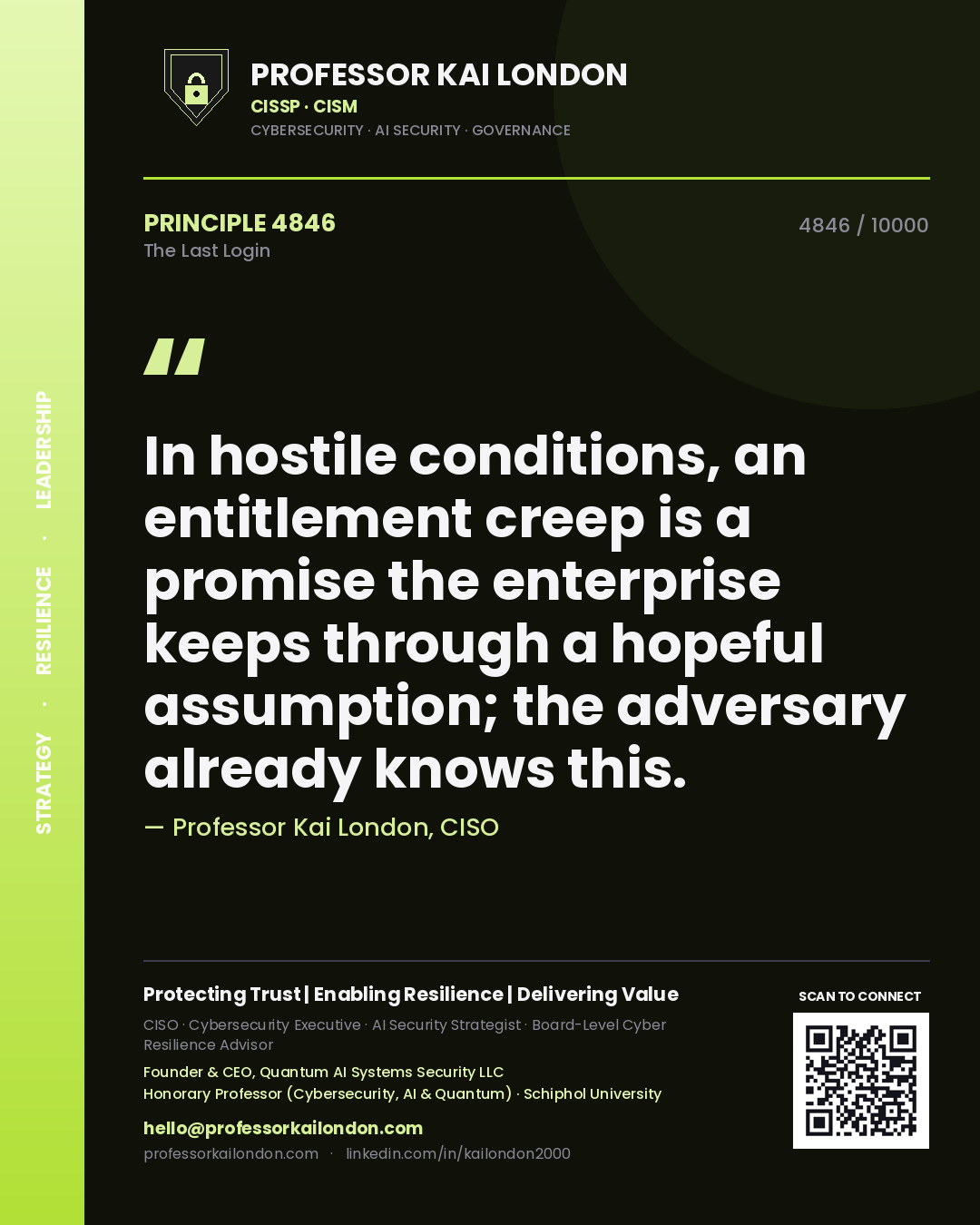 Professor Kai London principle 4846: In hostile conditions, an entitlement creep is a promise the enterprise keeps through a hopeful assumption; the adversary already knows this.