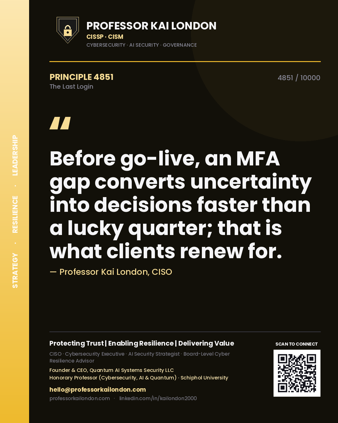 Professor Kai London principle 4851: Before go-live, an MFA gap converts uncertainty into decisions faster than a lucky quarter; that is what clients renew for.