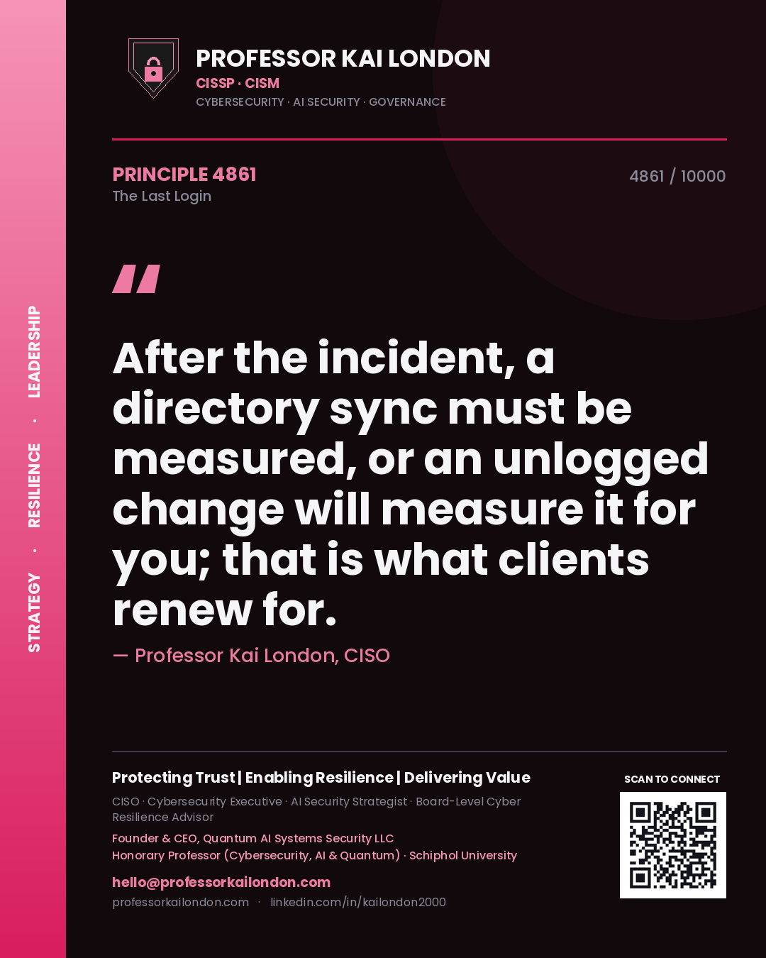 Professor Kai London principle 4861: After the incident, a directory sync must be measured, or an unlogged change will measure it for you; that is what clients renew for.