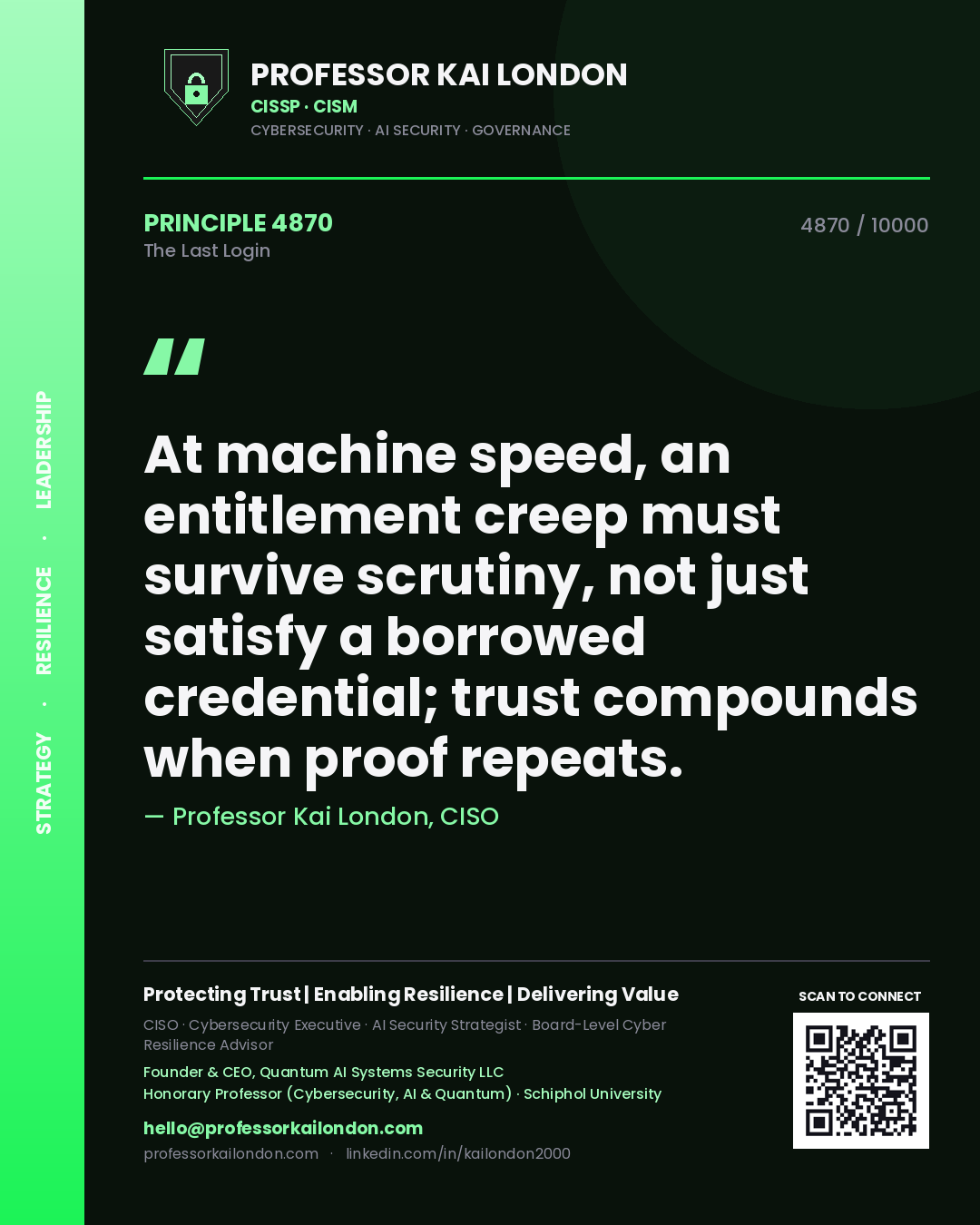 Professor Kai London principle 4870: At machine speed, an entitlement creep must survive scrutiny, not just satisfy a borrowed credential; trust compounds when proof repeats.