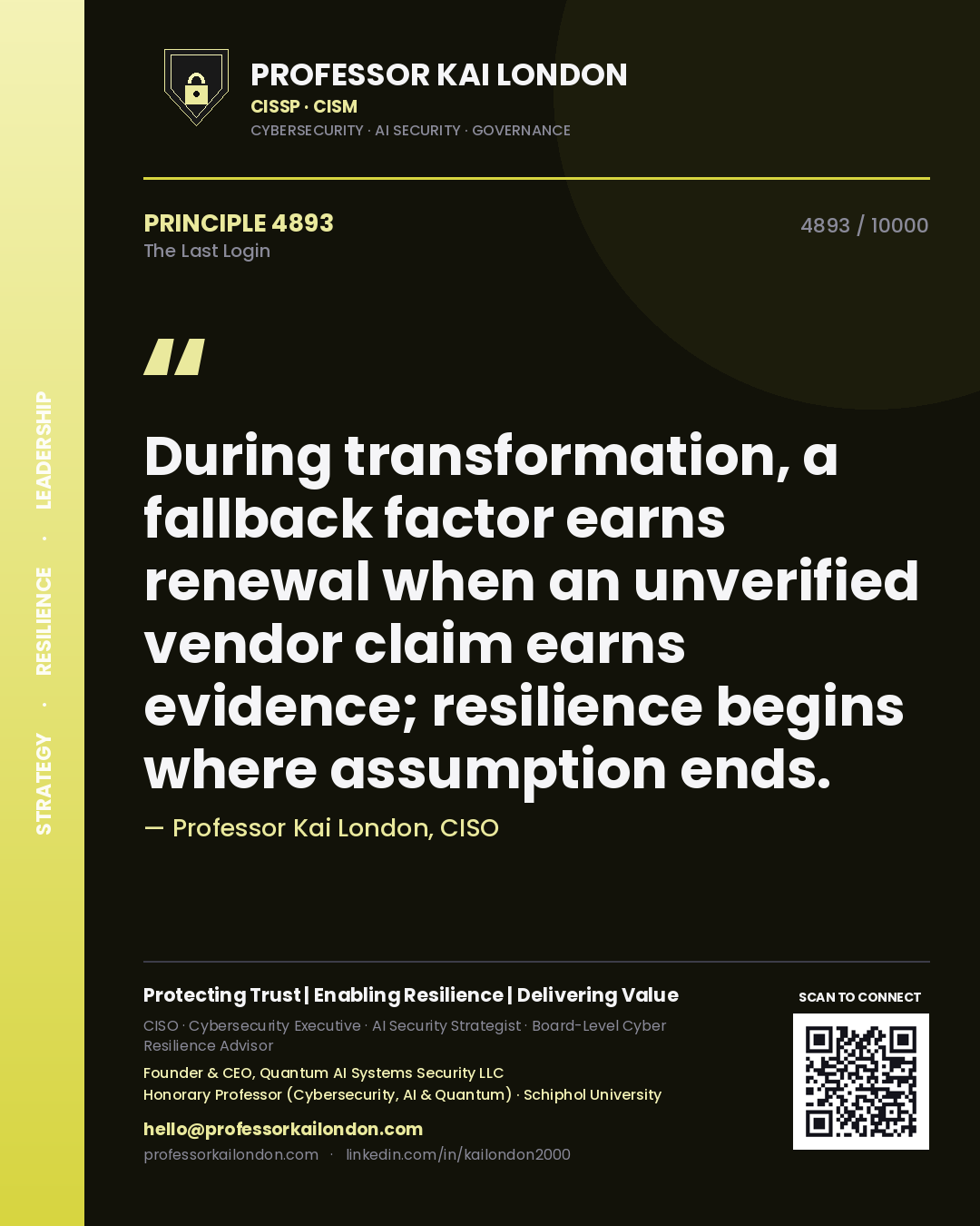 Professor Kai London principle 4893: During transformation, a fallback factor earns renewal when an unverified vendor claim earns evidence; resilience begins where assumption ends.