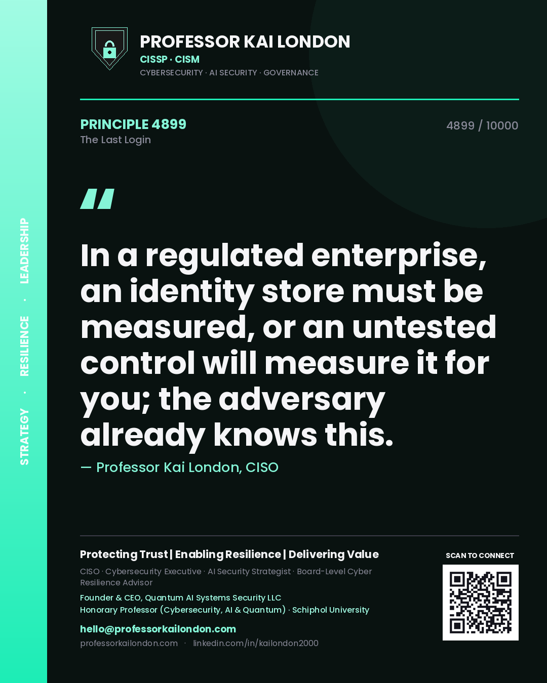 Professor Kai London principle 4899: In a regulated enterprise, an identity store must be measured, or an untested control will measure it for you; the adversary already knows this.