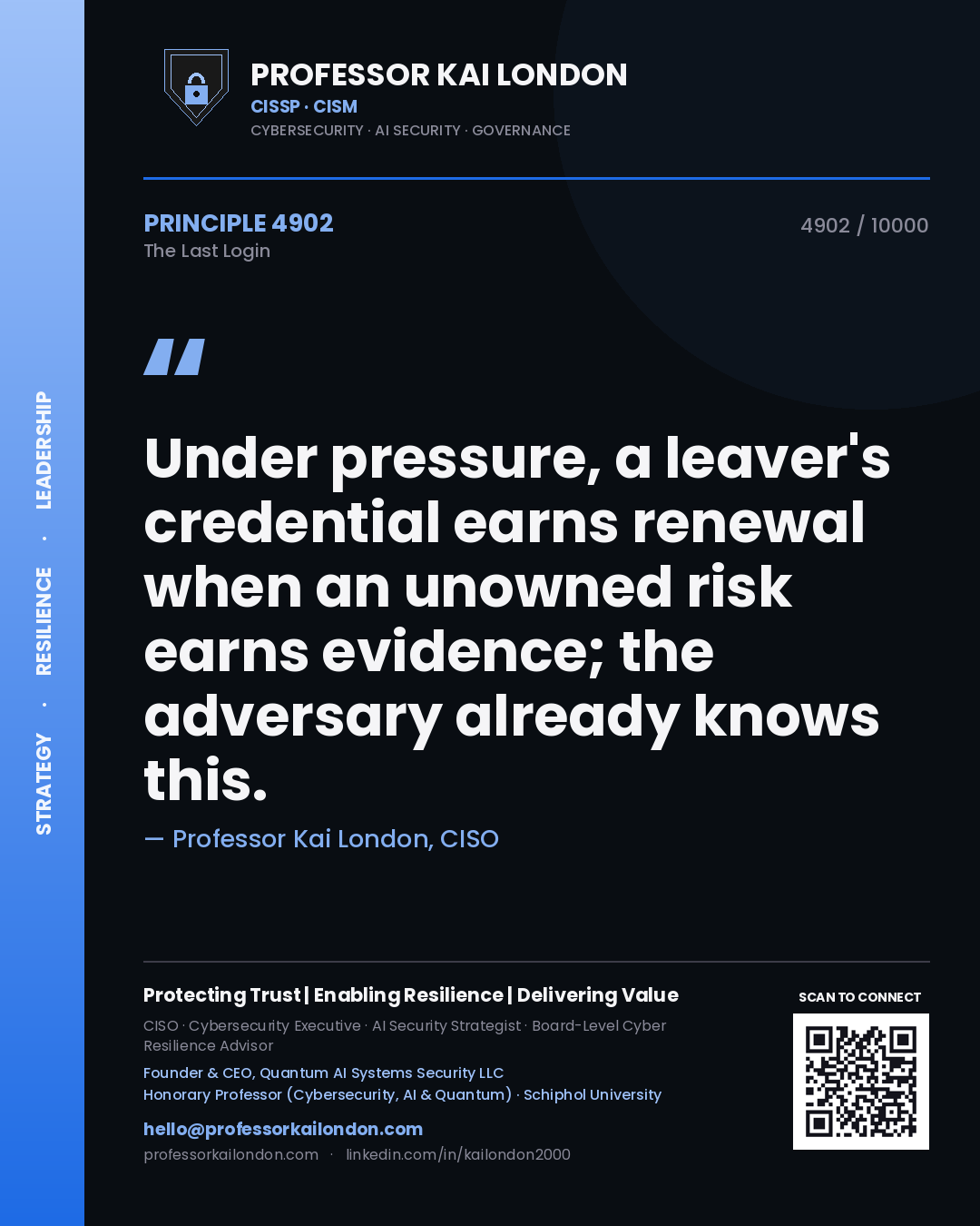 Professor Kai London principle 4902: Under pressure, a leaver's credential earns renewal when an unowned risk earns evidence; the adversary already knows this.
