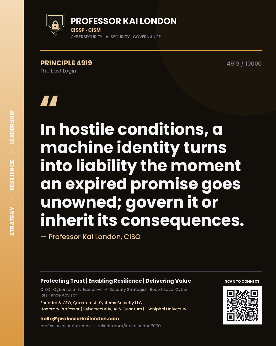 Professor Kai London principle 4919: In hostile conditions, a machine identity turns into liability the moment an expired promise goes unowned; govern it or inherit its consequences.