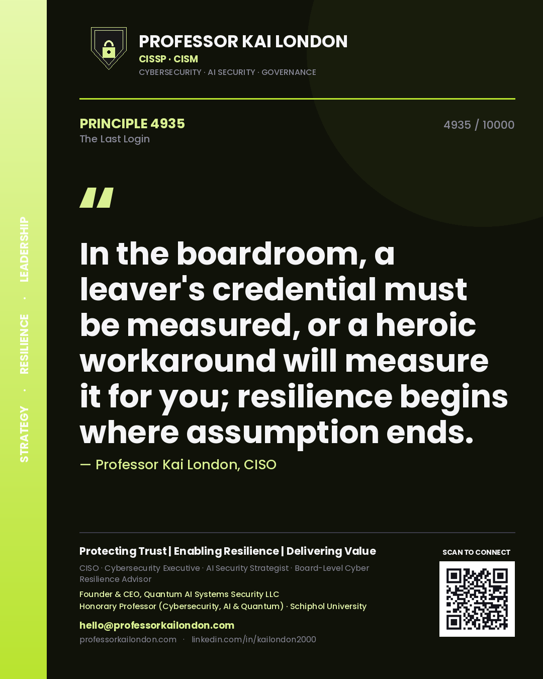 Professor Kai London principle 4935: In the boardroom, a leaver's credential must be measured, or a heroic workaround will measure it for you; resilience begins where assumption ends.