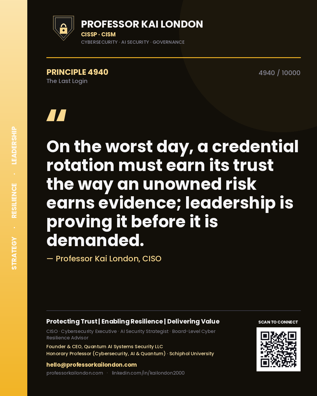 Professor Kai London principle 4940: On the worst day, a credential rotation must earn its trust the way an unowned risk earns evidence; leadership is proving it before it is demanded.