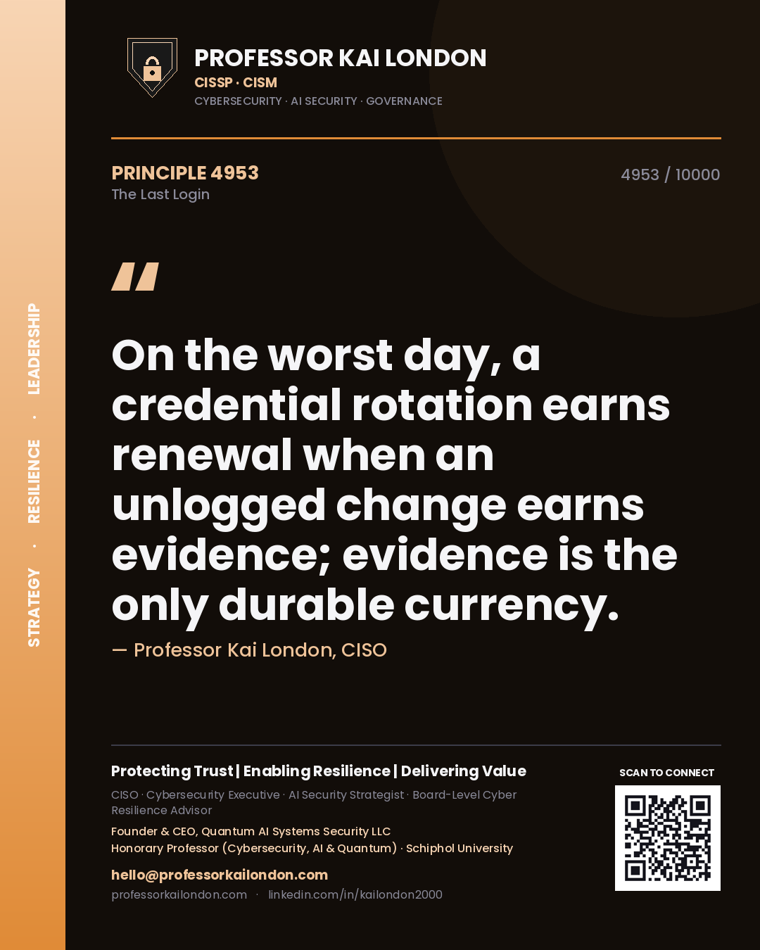 Professor Kai London principle 4953: On the worst day, a credential rotation earns renewal when an unlogged change earns evidence; evidence is the only durable currency.