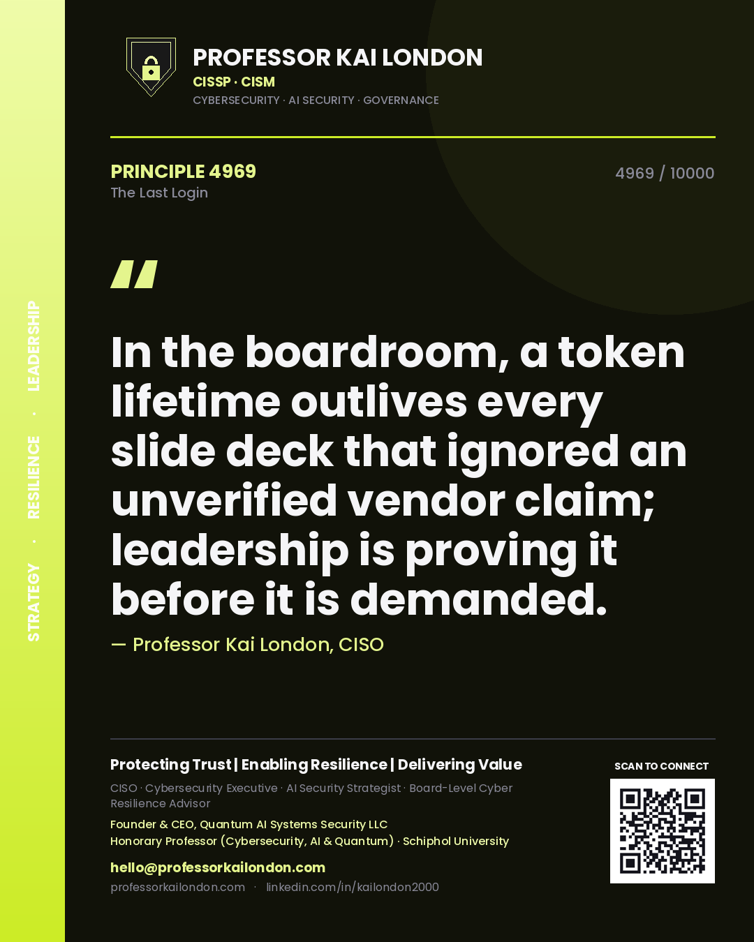Professor Kai London principle 4969: In the boardroom, a token lifetime outlives every slide deck that ignored an unverified vendor claim; leadership is proving it before it is demanded.