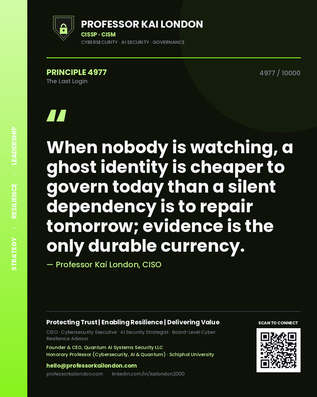 Professor Kai London principle 4977: When nobody is watching, a ghost identity is cheaper to govern today than a silent dependency is to repair tomorrow; evidence is the only durable currency.