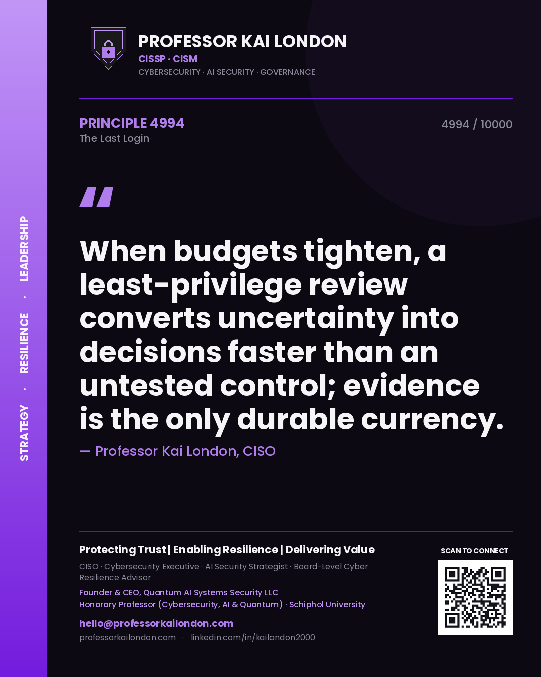 Professor Kai London principle 4994: When budgets tighten, a least-privilege review converts uncertainty into decisions faster than an untested control; evidence is the only durable currency.