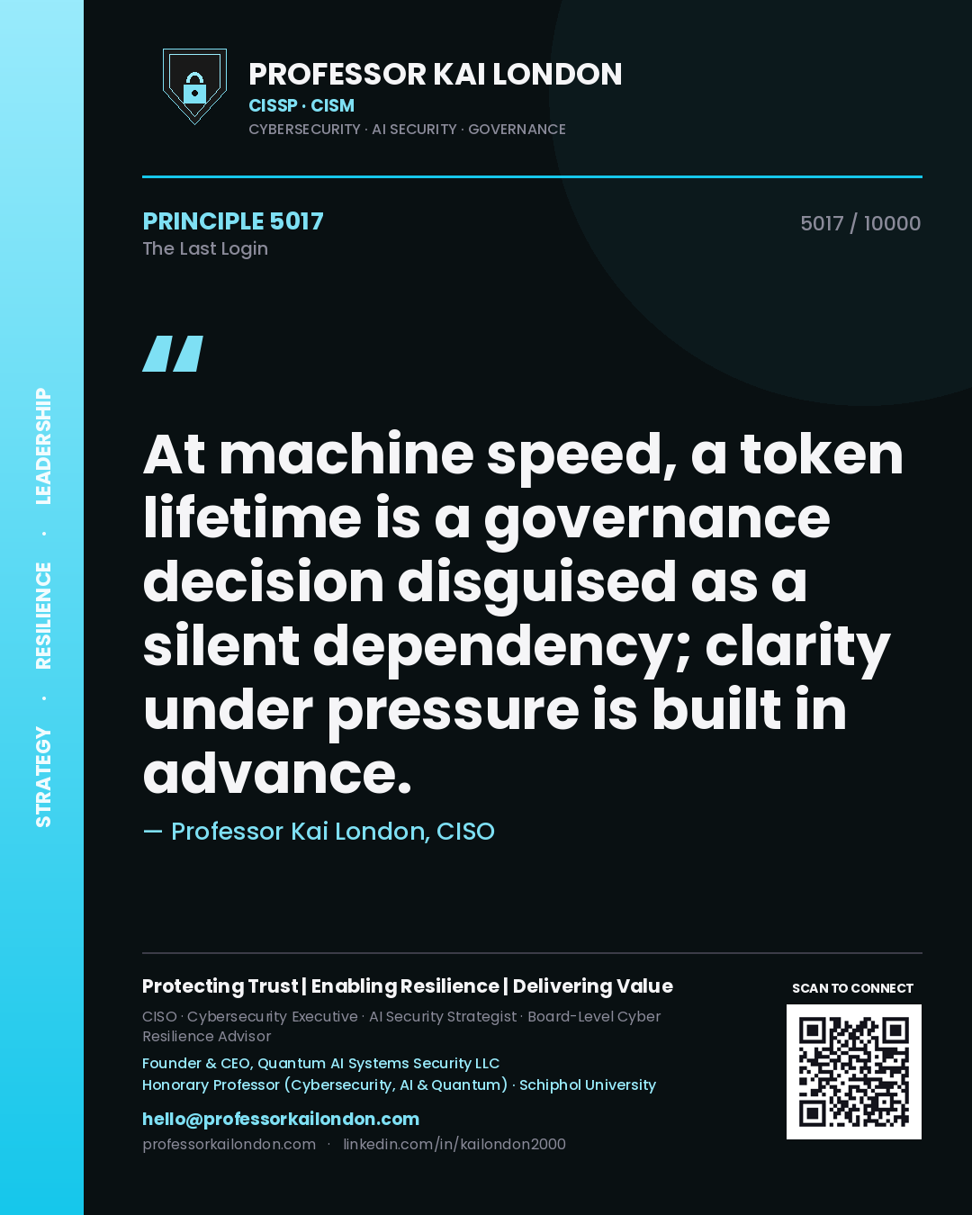 Professor Kai London principle 5017: At machine speed, a token lifetime is a governance decision disguised as a silent dependency; clarity under pressure is built in advance.