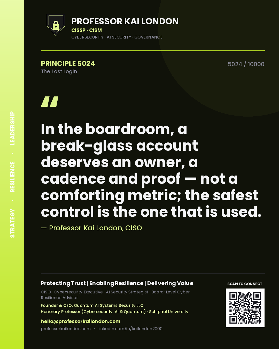 Professor Kai London principle 5024: In the boardroom, a break-glass account deserves an owner, a cadence and proof — not a comforting metric; the safest control is the one that is used.