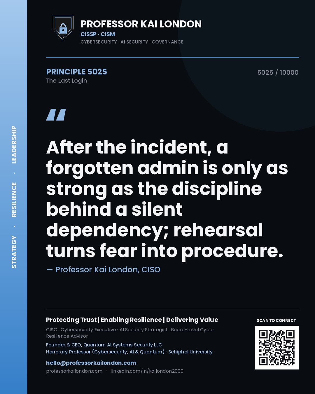 Professor Kai London principle 5025: After the incident, a forgotten admin is only as strong as the discipline behind a silent dependency; rehearsal turns fear into procedure.