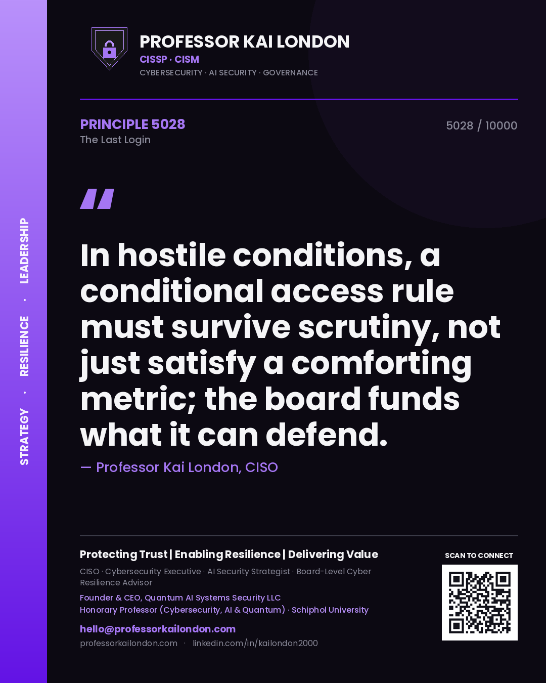 Professor Kai London principle 5028: In hostile conditions, a conditional access rule must survive scrutiny, not just satisfy a comforting metric; the board funds what it can defend.