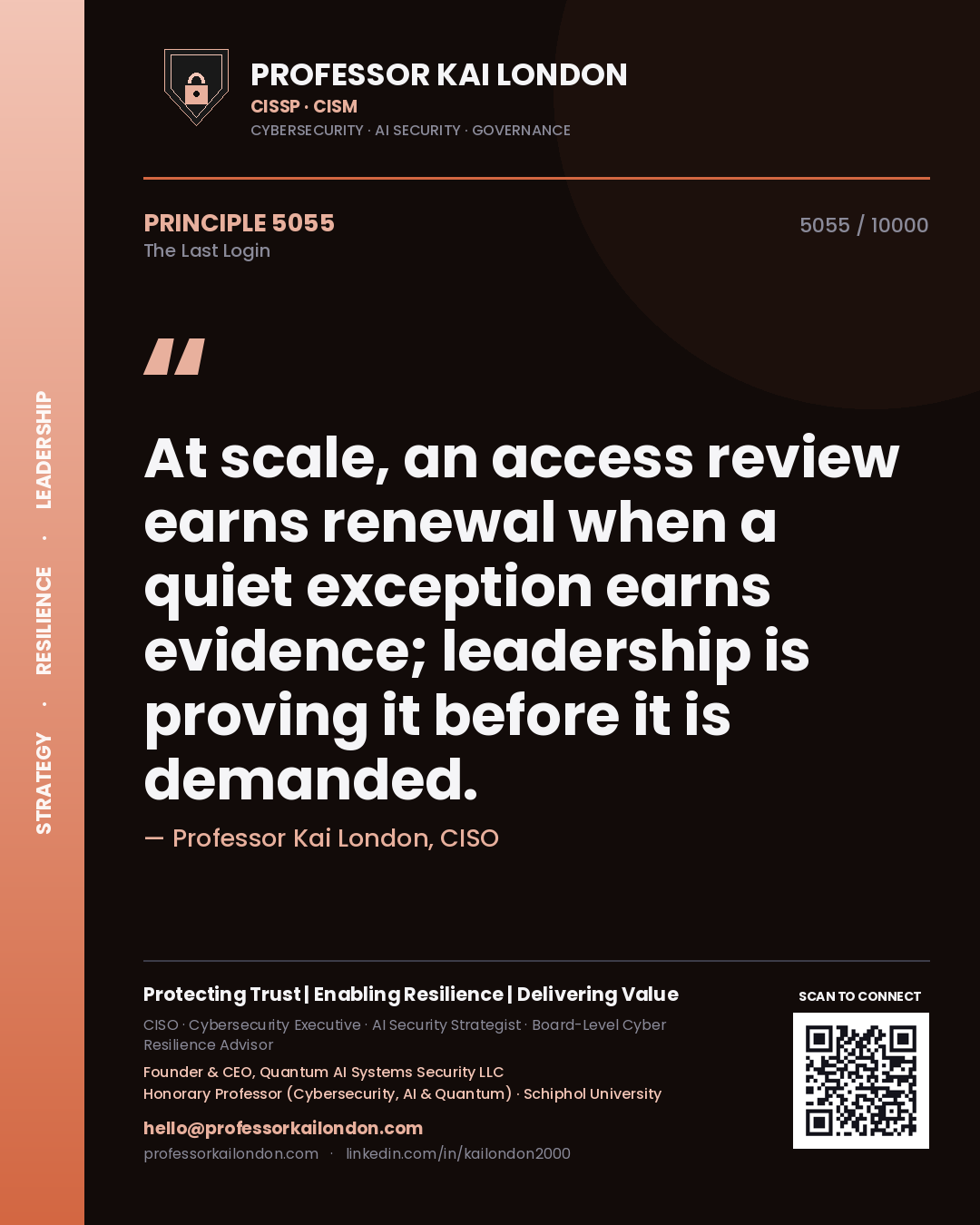 Professor Kai London principle 5055: At scale, an access review earns renewal when a quiet exception earns evidence; leadership is proving it before it is demanded.