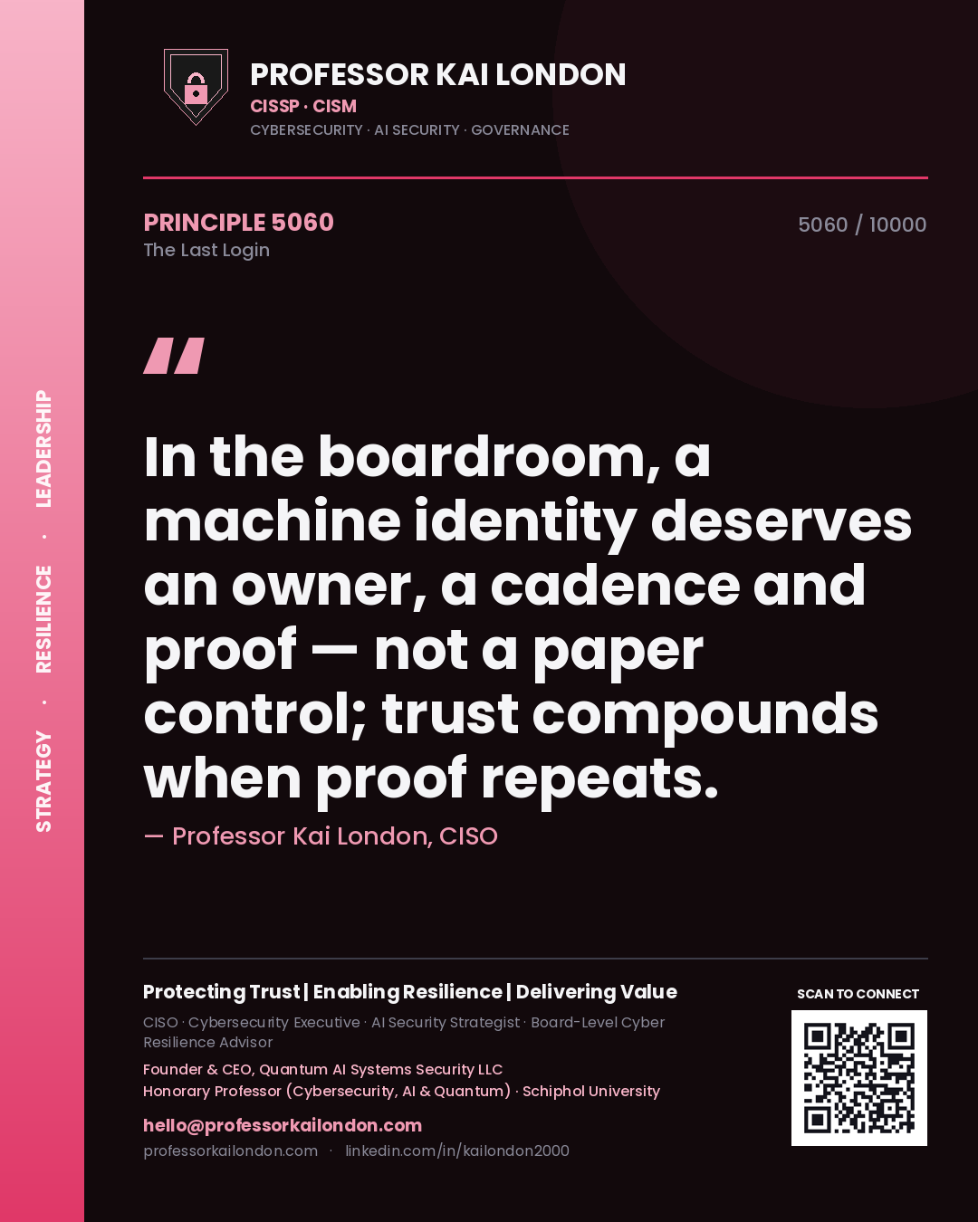 Professor Kai London principle 5060: In the boardroom, a machine identity deserves an owner, a cadence and proof — not a paper control; trust compounds when proof repeats.