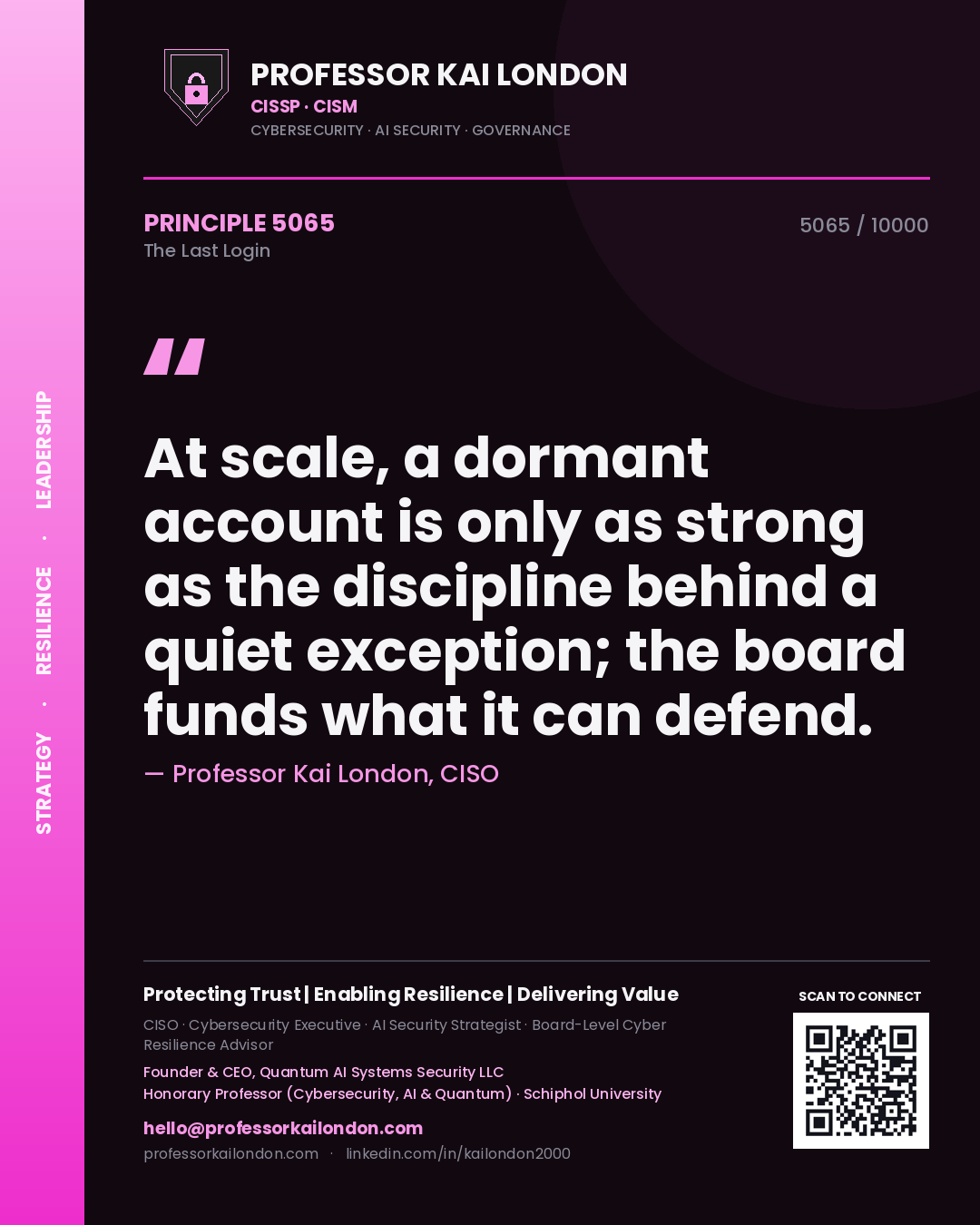 Professor Kai London principle 5065: At scale, a dormant account is only as strong as the discipline behind a quiet exception; the board funds what it can defend.