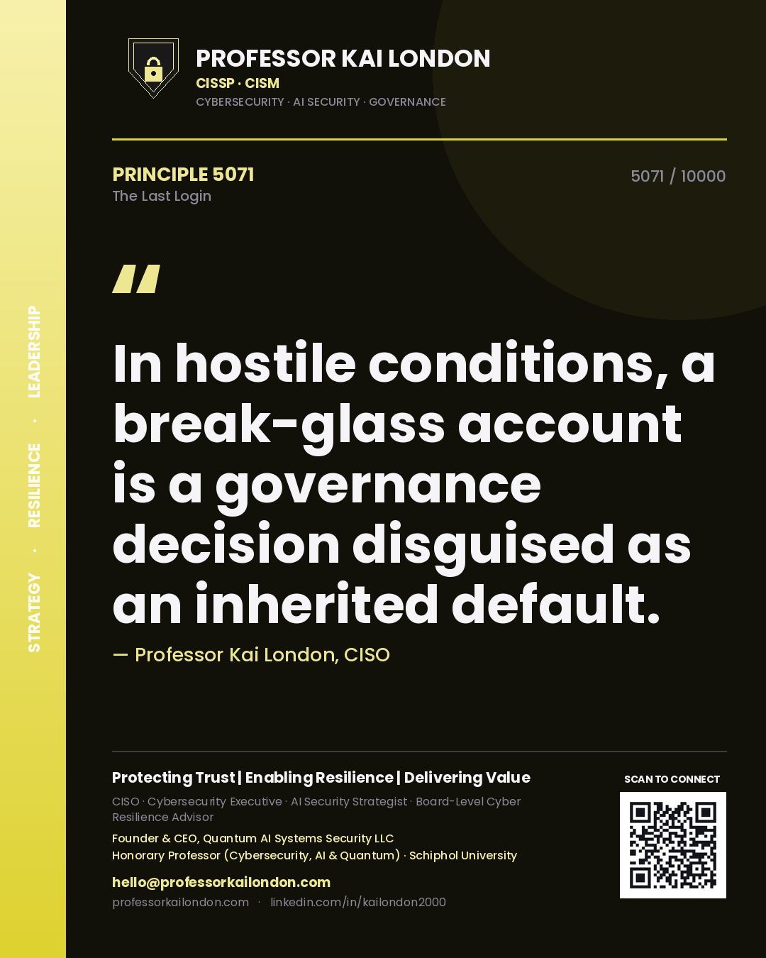 Professor Kai London principle 5071: In hostile conditions, a break-glass account is a governance decision disguised as an inherited default.