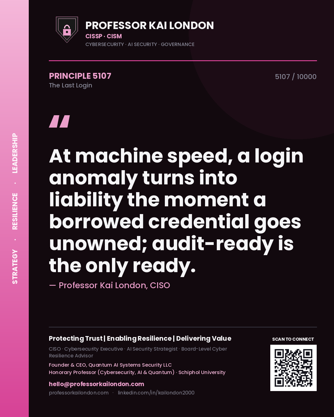 Professor Kai London principle 5107: At machine speed, a login anomaly turns into liability the moment a borrowed credential goes unowned; audit-ready is the only ready.