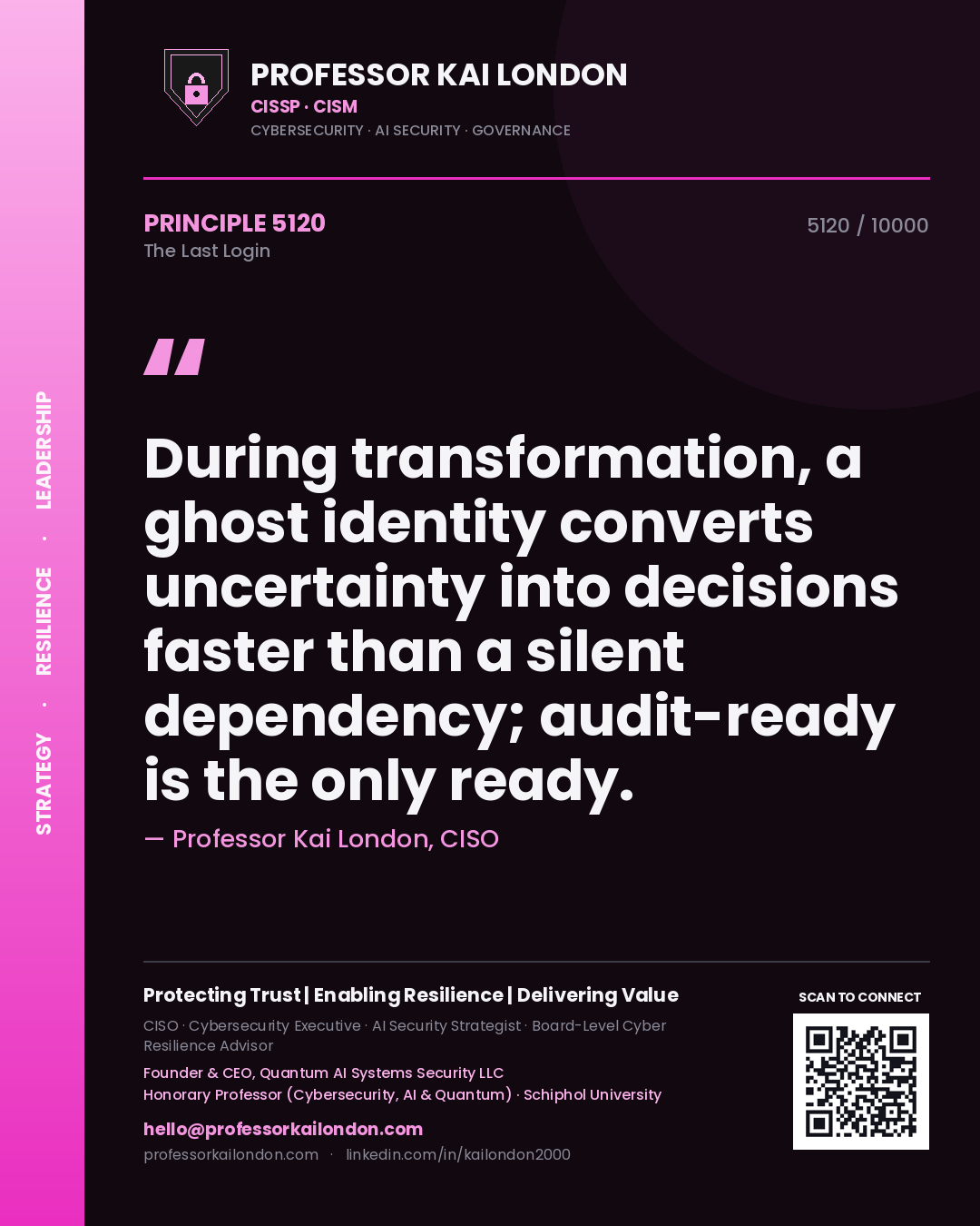 Professor Kai London principle 5120: During transformation, a ghost identity converts uncertainty into decisions faster than a silent dependency; audit-ready is the only ready.