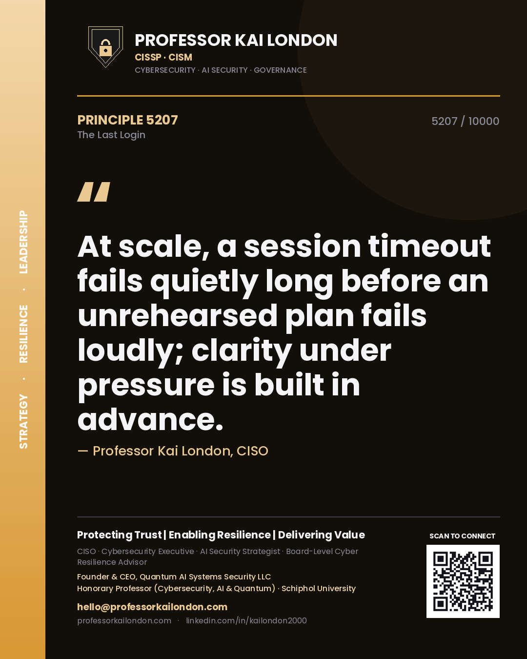 Professor Kai London principle 5207: At scale, a session timeout fails quietly long before an unrehearsed plan fails loudly; clarity under pressure is built in advance.