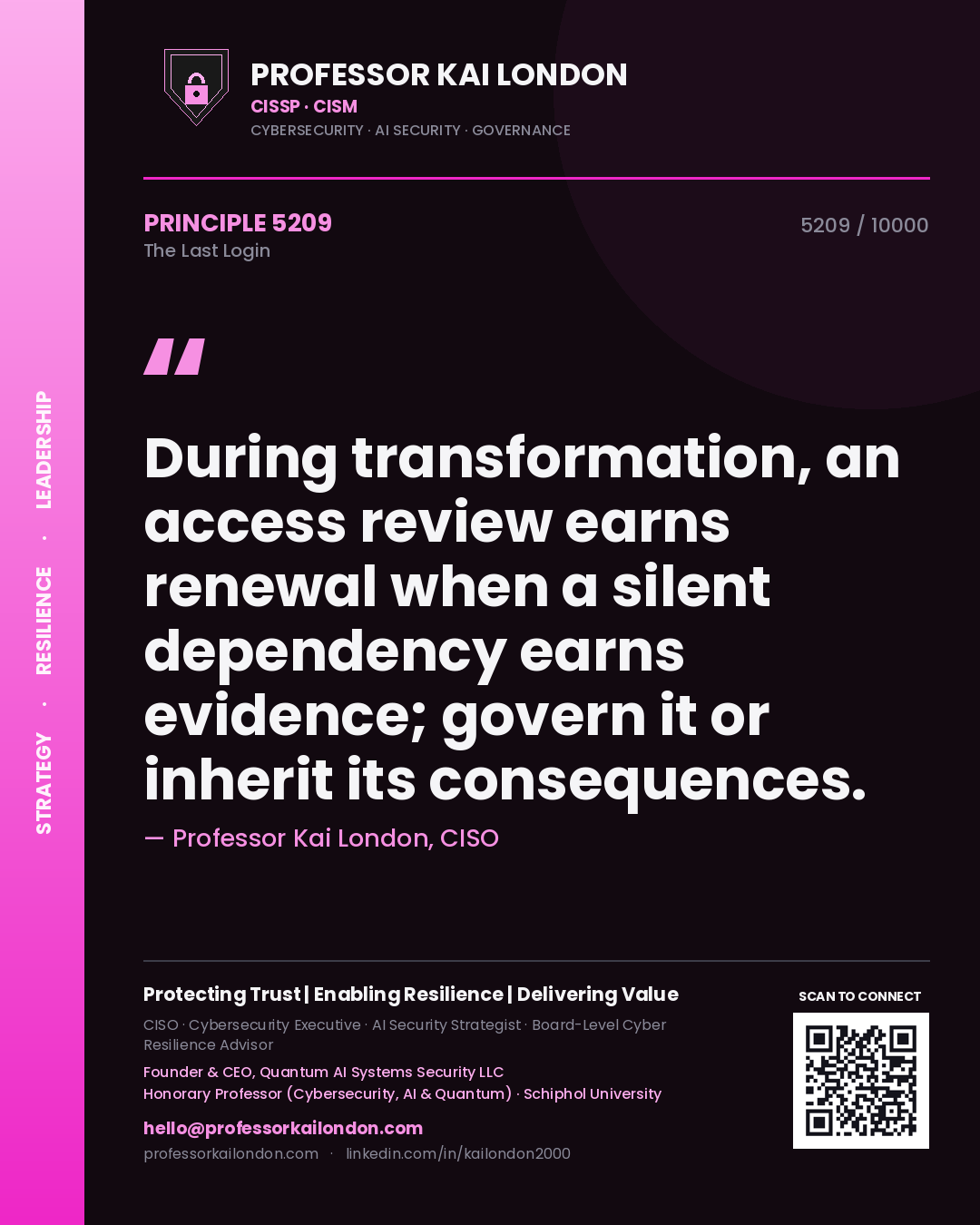 Professor Kai London principle 5209: During transformation, an access review earns renewal when a silent dependency earns evidence; govern it or inherit its consequences.