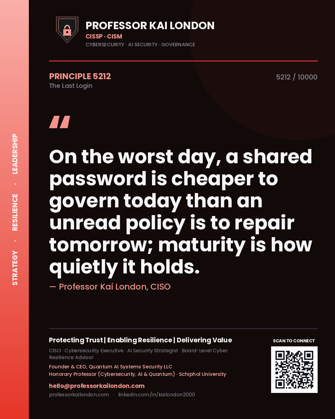 Professor Kai London principle 5212: On the worst day, a shared password is cheaper to govern today than an unread policy is to repair tomorrow; maturity is how quietly it holds.