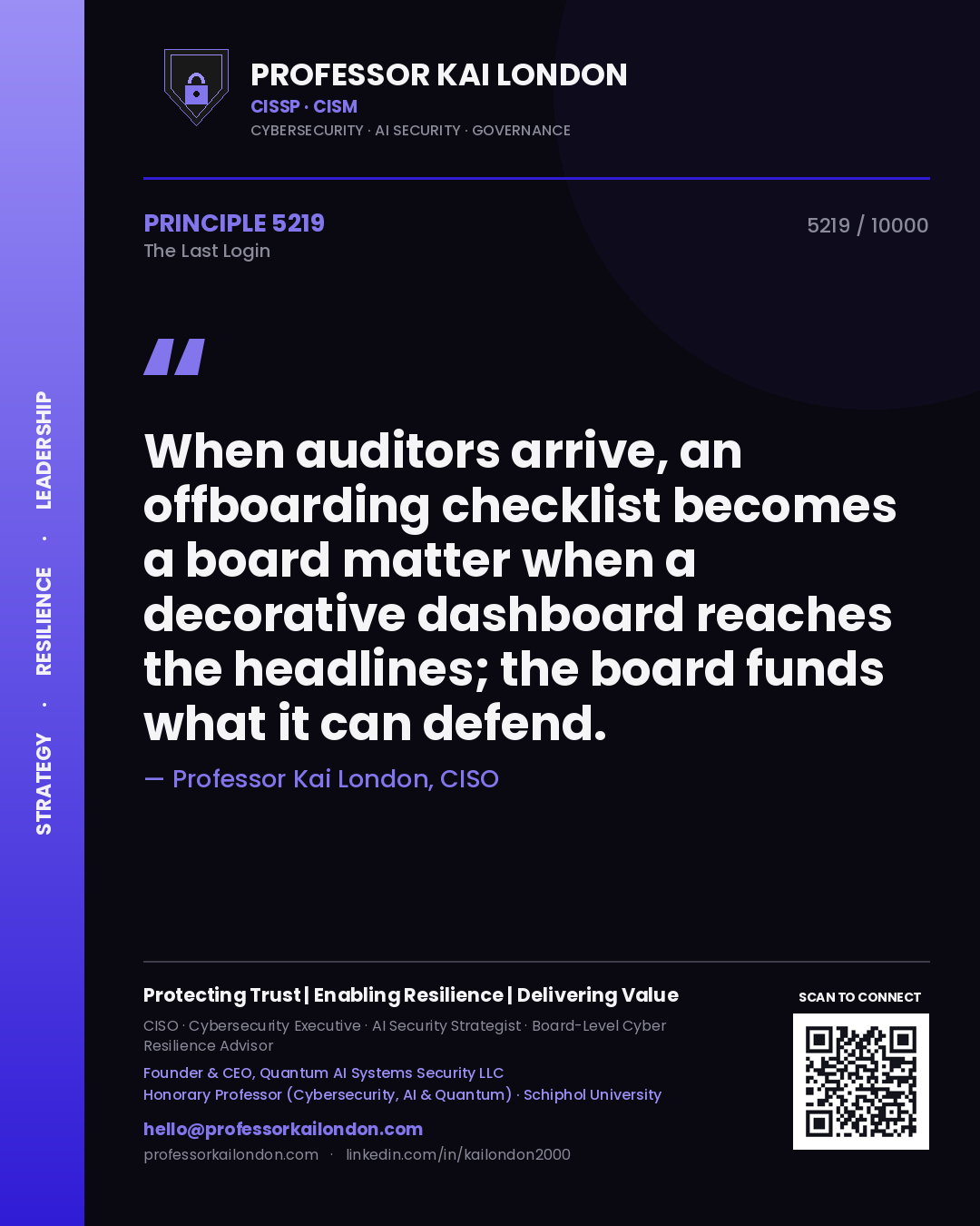 Professor Kai London principle 5219: When auditors arrive, an offboarding checklist becomes a board matter when a decorative dashboard reaches the headlines; the board funds what it can defend.