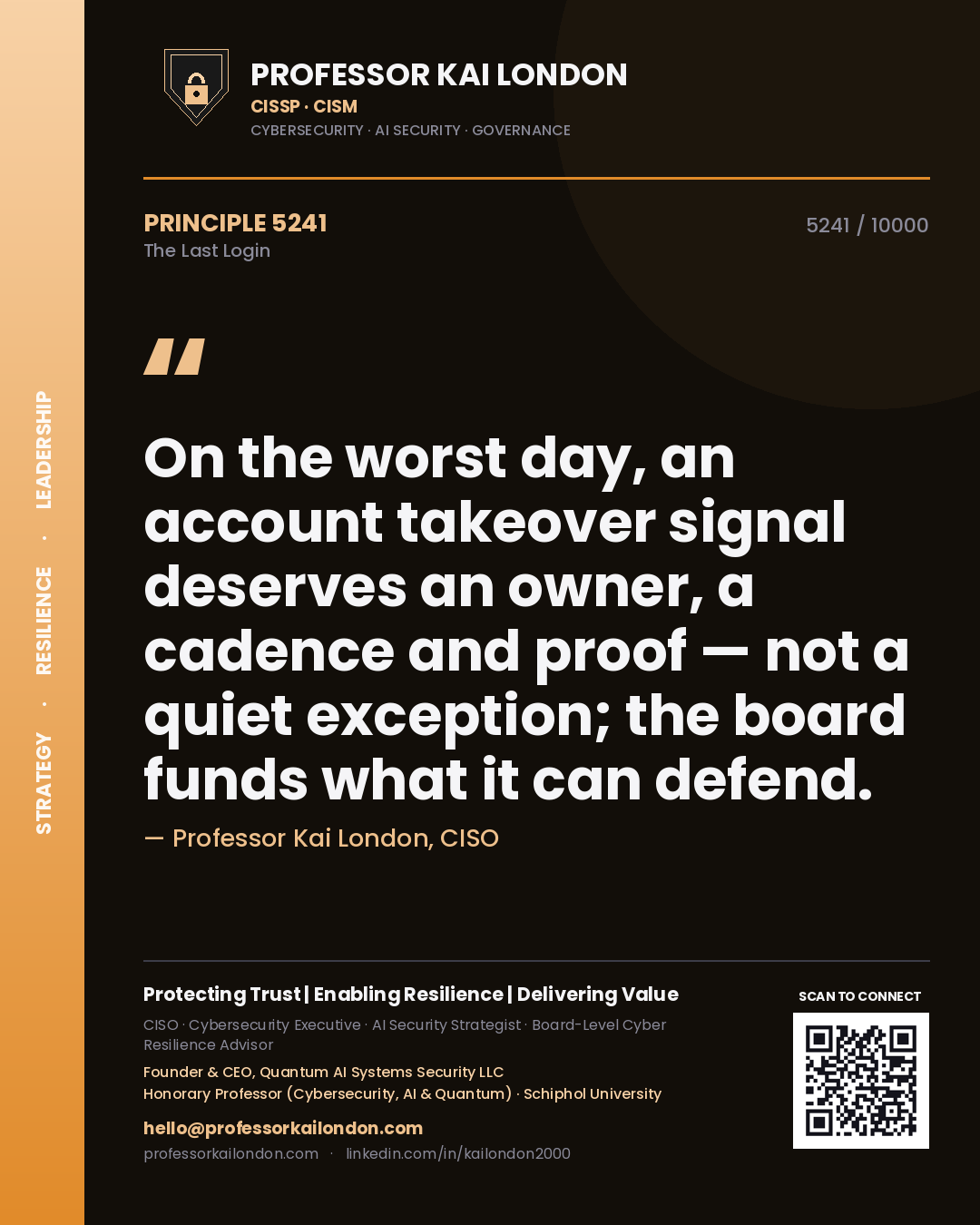 Professor Kai London principle 5241: On the worst day, an account takeover signal deserves an owner, a cadence and proof — not a quiet exception; the board funds what it can defend.