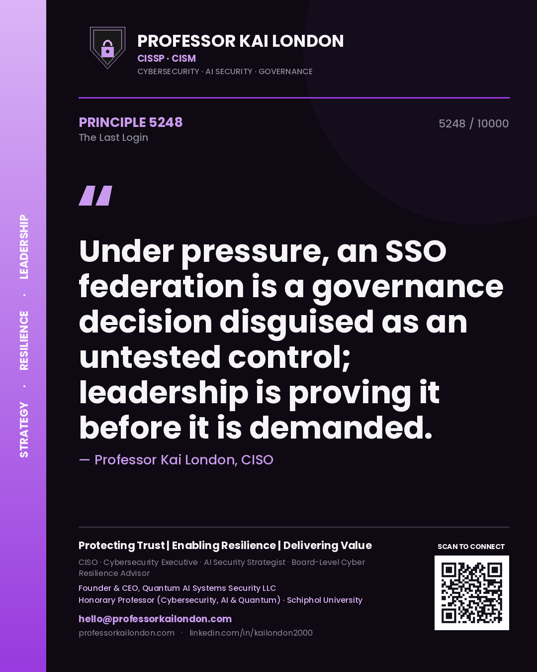 Professor Kai London principle 5248: Under pressure, an SSO federation is a governance decision disguised as an untested control; leadership is proving it before it is demanded.