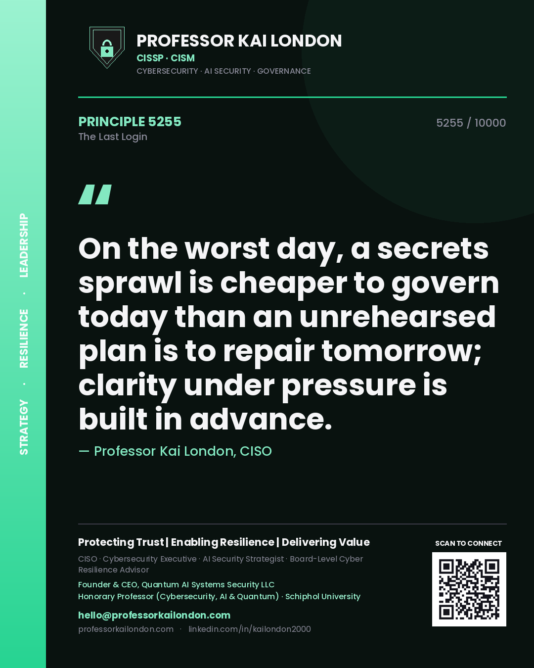 Professor Kai London principle 5255: On the worst day, a secrets sprawl is cheaper to govern today than an unrehearsed plan is to repair tomorrow; clarity under pressure is built in advance.