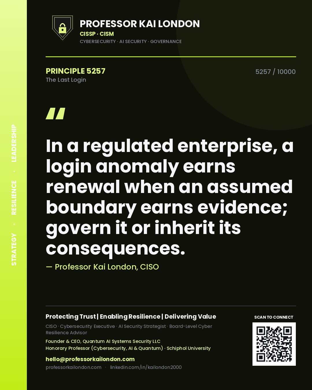 Professor Kai London principle 5257: In a regulated enterprise, a login anomaly earns renewal when an assumed boundary earns evidence; govern it or inherit its consequences.