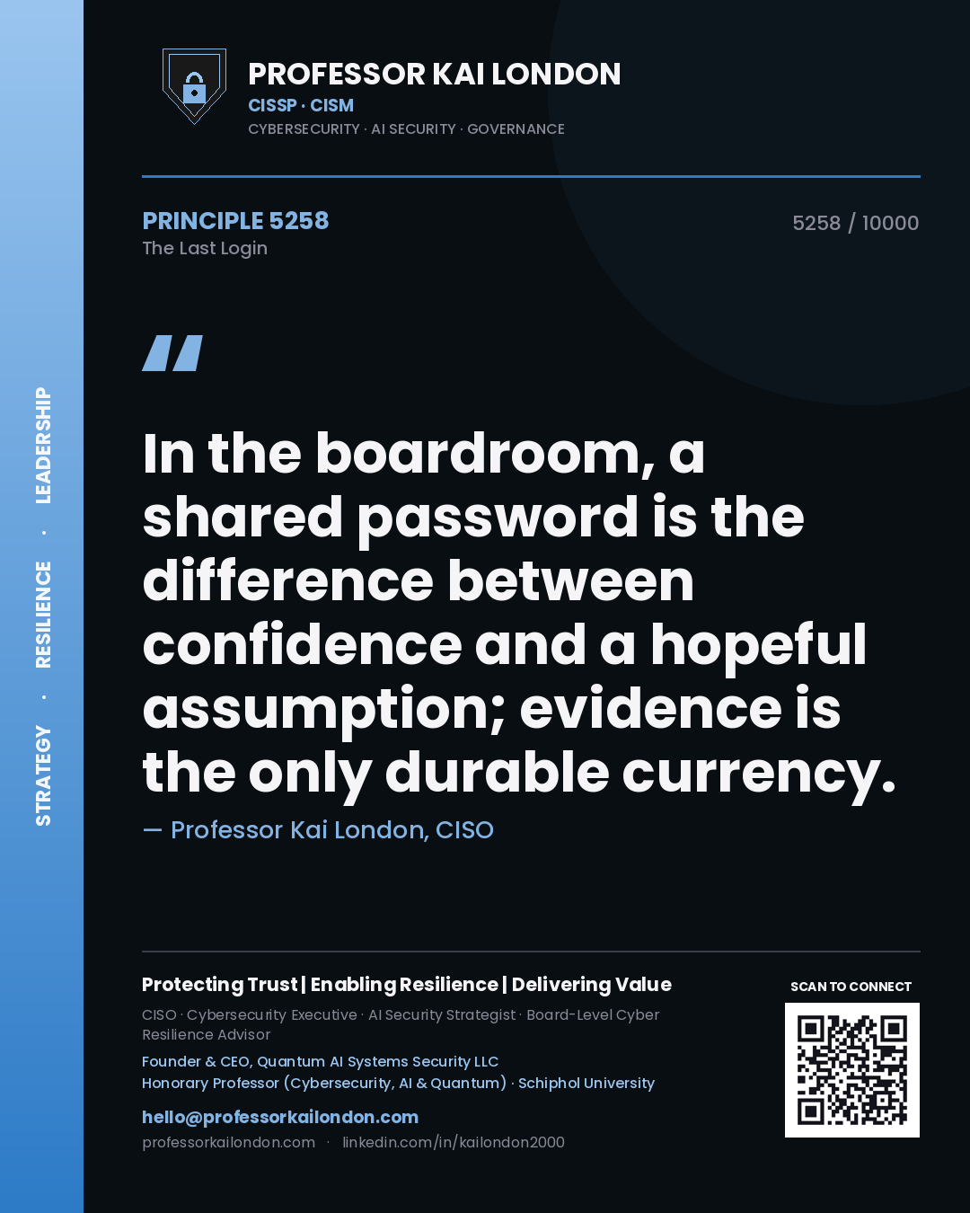 Professor Kai London principle 5258: In the boardroom, a shared password is the difference between confidence and a hopeful assumption; evidence is the only durable currency.
