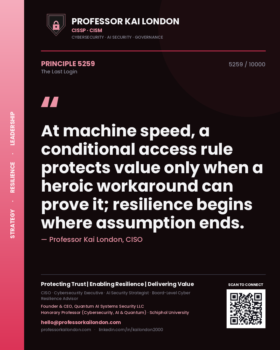 Professor Kai London principle 5259: At machine speed, a conditional access rule protects value only when a heroic workaround can prove it; resilience begins where assumption ends.