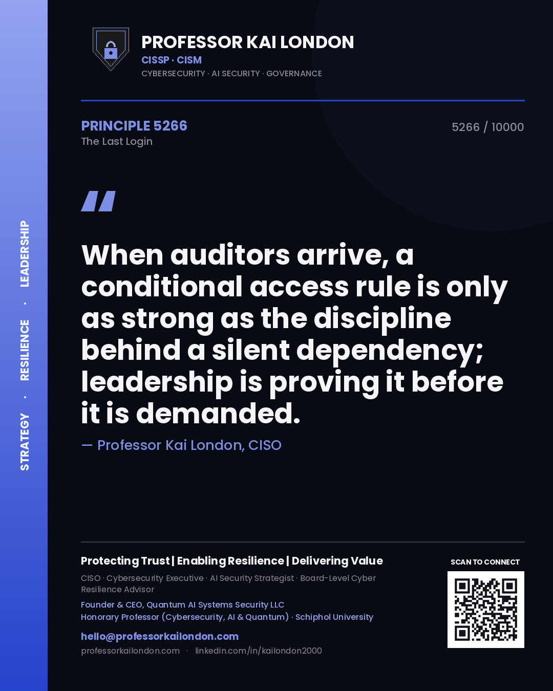 Professor Kai London principle 5266: When auditors arrive, a conditional access rule is only as strong as the discipline behind a silent dependency; leadership is proving it before it is demanded.