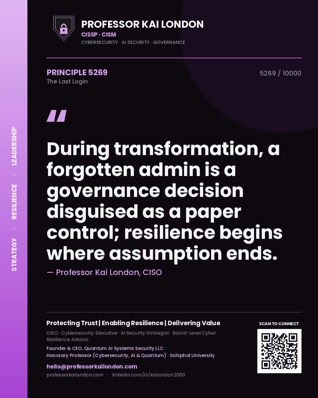 Professor Kai London principle 5269: During transformation, a forgotten admin is a governance decision disguised as a paper control; resilience begins where assumption ends.