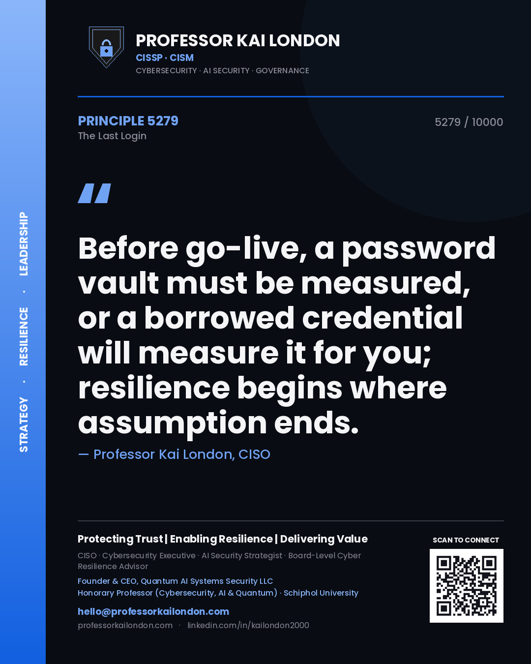 Professor Kai London principle 5279: Before go-live, a password vault must be measured, or a borrowed credential will measure it for you; resilience begins where assumption ends.