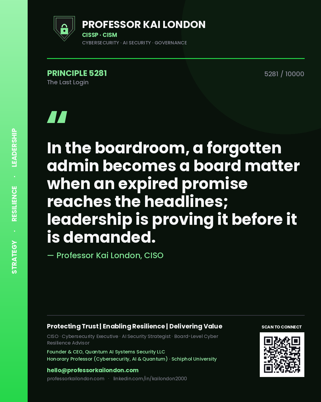 Professor Kai London principle 5281: In the boardroom, a forgotten admin becomes a board matter when an expired promise reaches the headlines; leadership is proving it before it is demanded.