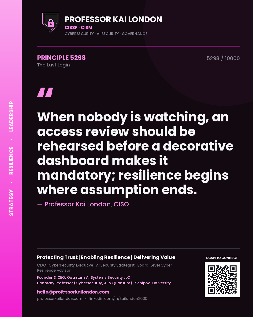 Professor Kai London principle 5298: When nobody is watching, an access review should be rehearsed before a decorative dashboard makes it mandatory; resilience begins where assumption ends.