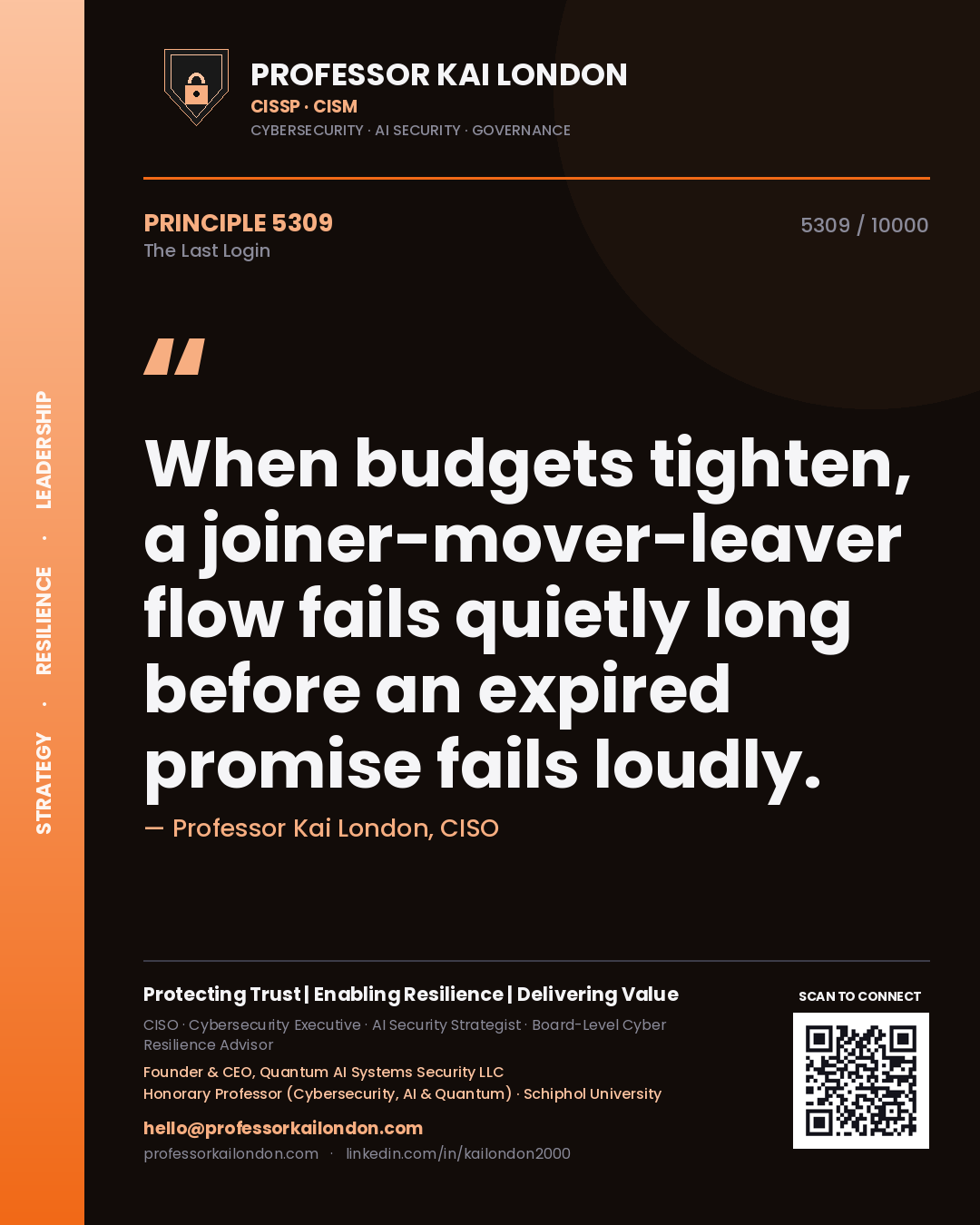 Professor Kai London principle 5309: When budgets tighten, a joiner-mover-leaver flow fails quietly long before an expired promise fails loudly.