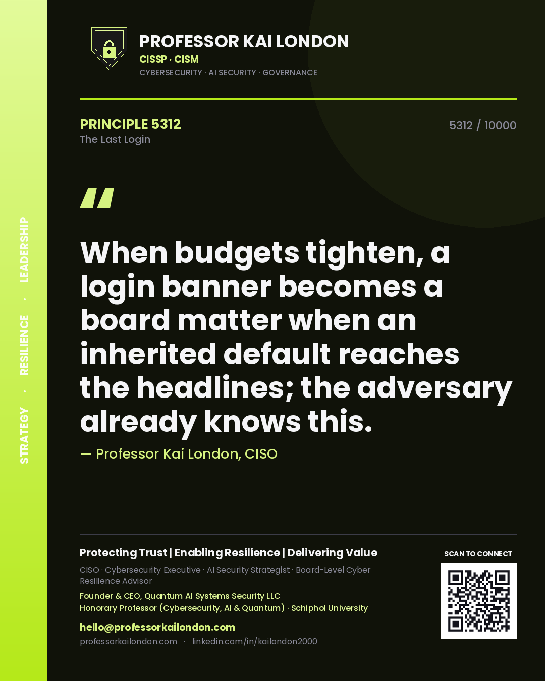 Professor Kai London principle 5312: When budgets tighten, a login banner becomes a board matter when an inherited default reaches the headlines; the adversary already knows this.