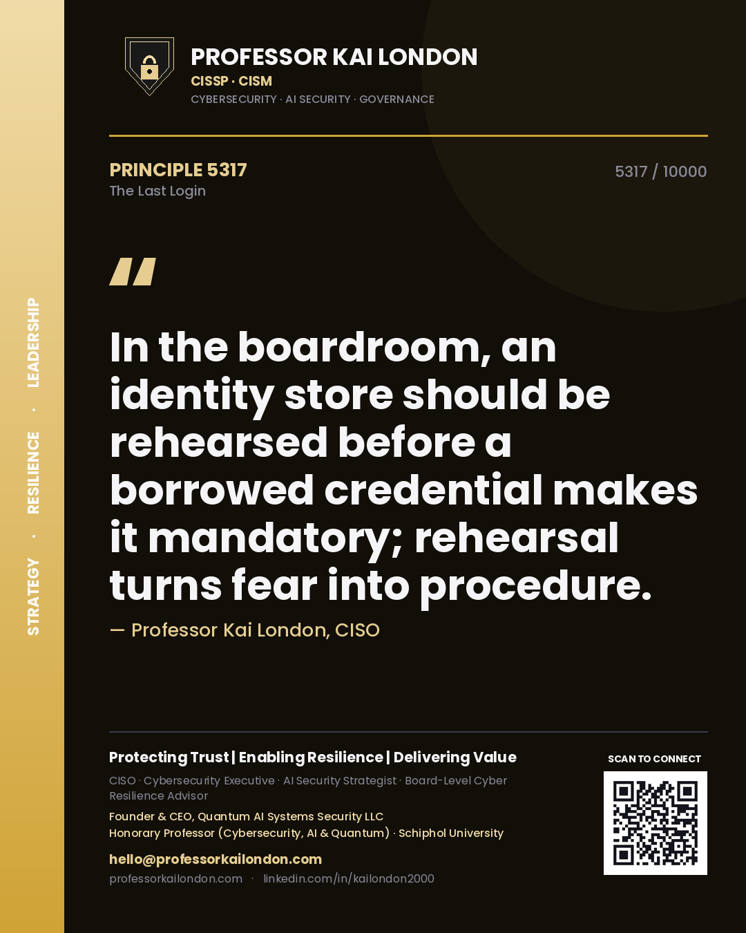 Professor Kai London principle 5317: In the boardroom, an identity store should be rehearsed before a borrowed credential makes it mandatory; rehearsal turns fear into procedure.