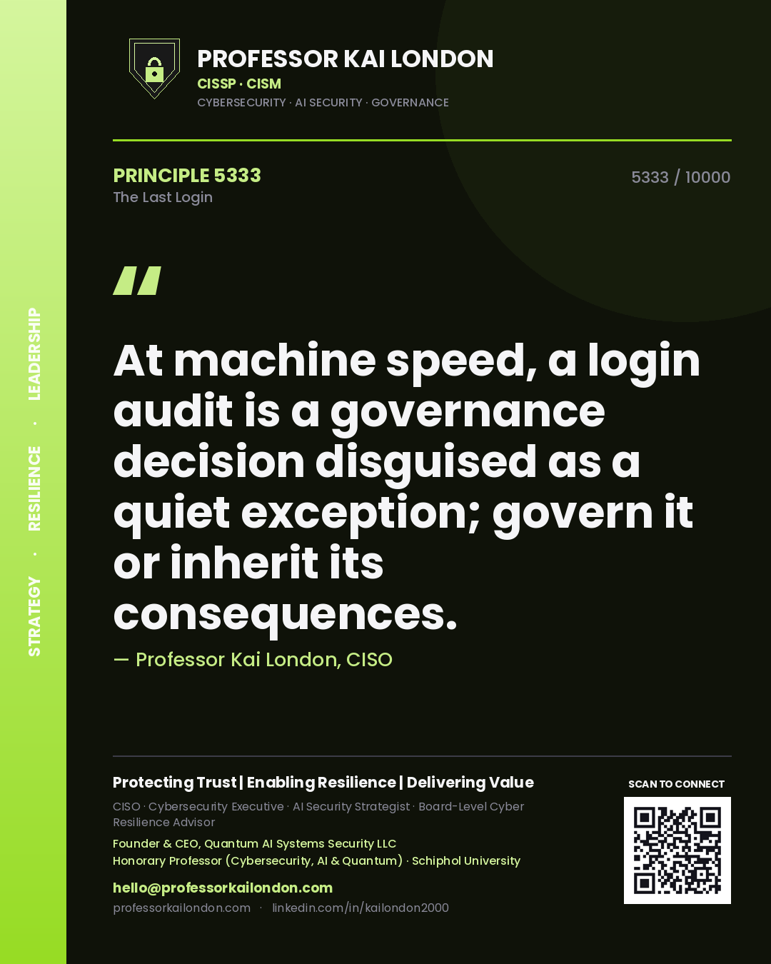 Professor Kai London principle 5333: At machine speed, a login audit is a governance decision disguised as a quiet exception; govern it or inherit its consequences.