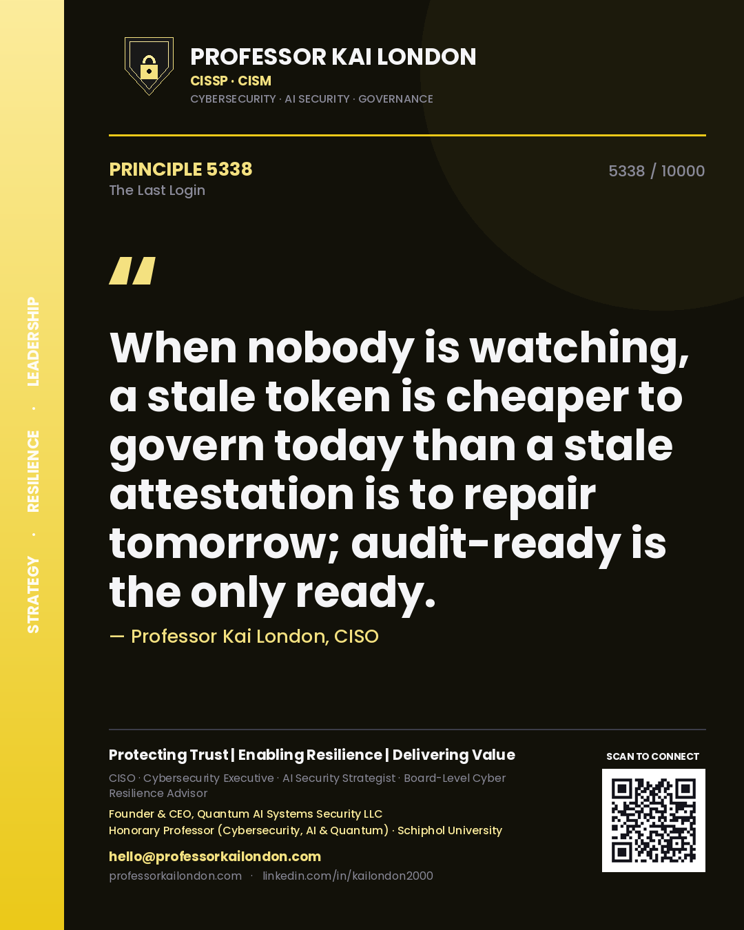 Professor Kai London principle 5338: When nobody is watching, a stale token is cheaper to govern today than a stale attestation is to repair tomorrow; audit-ready is the only ready.