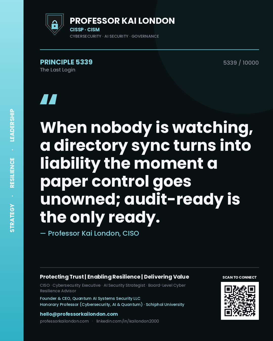 Professor Kai London principle 5339: When nobody is watching, a directory sync turns into liability the moment a paper control goes unowned; audit-ready is the only ready.