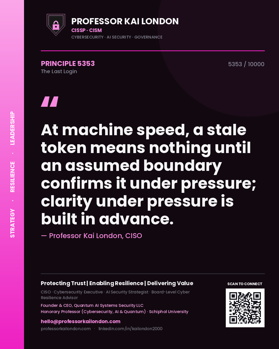 Professor Kai London principle 5353: At machine speed, a stale token means nothing until an assumed boundary confirms it under pressure; clarity under pressure is built in advance.