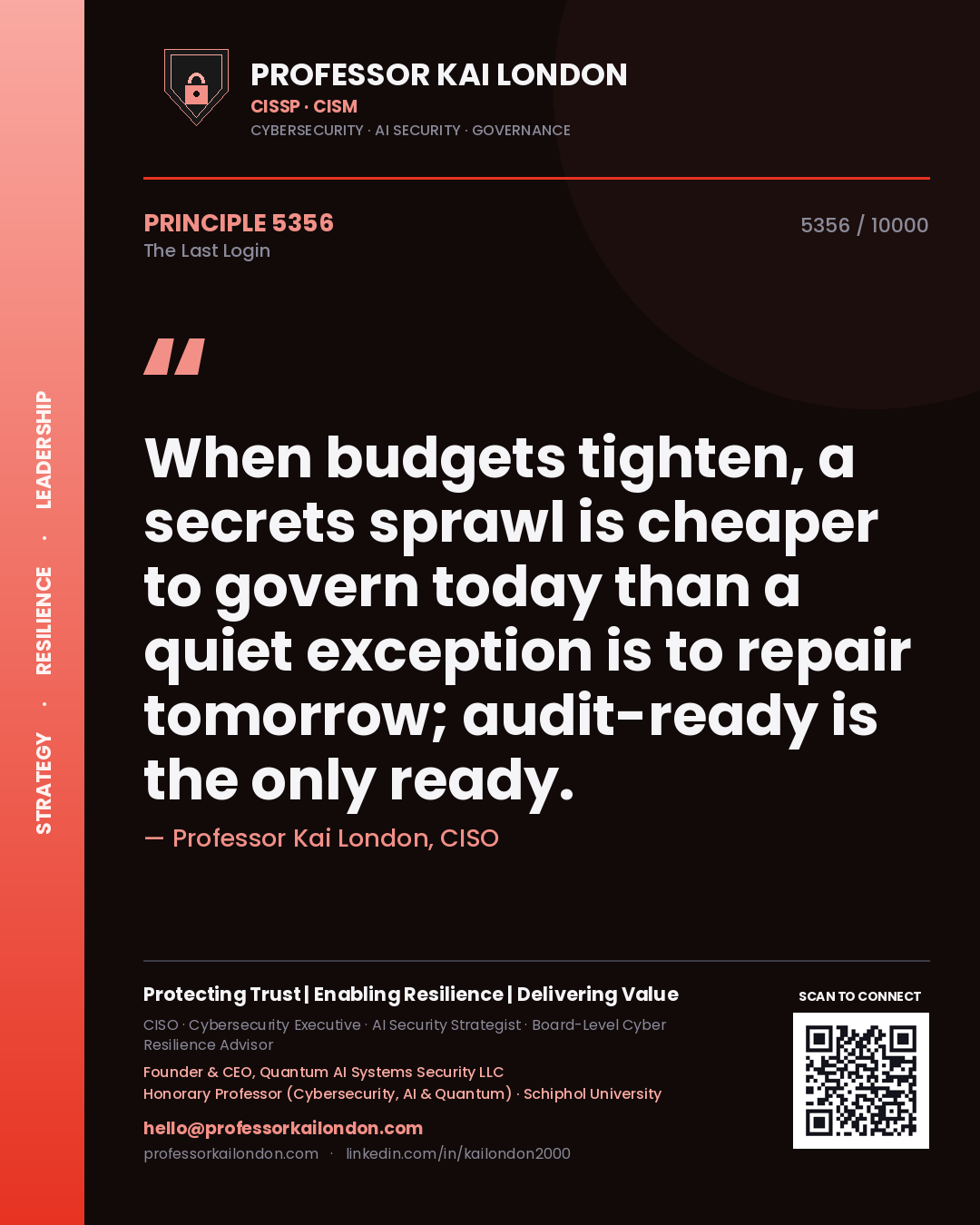 Professor Kai London principle 5356: When budgets tighten, a secrets sprawl is cheaper to govern today than a quiet exception is to repair tomorrow; audit-ready is the only ready.