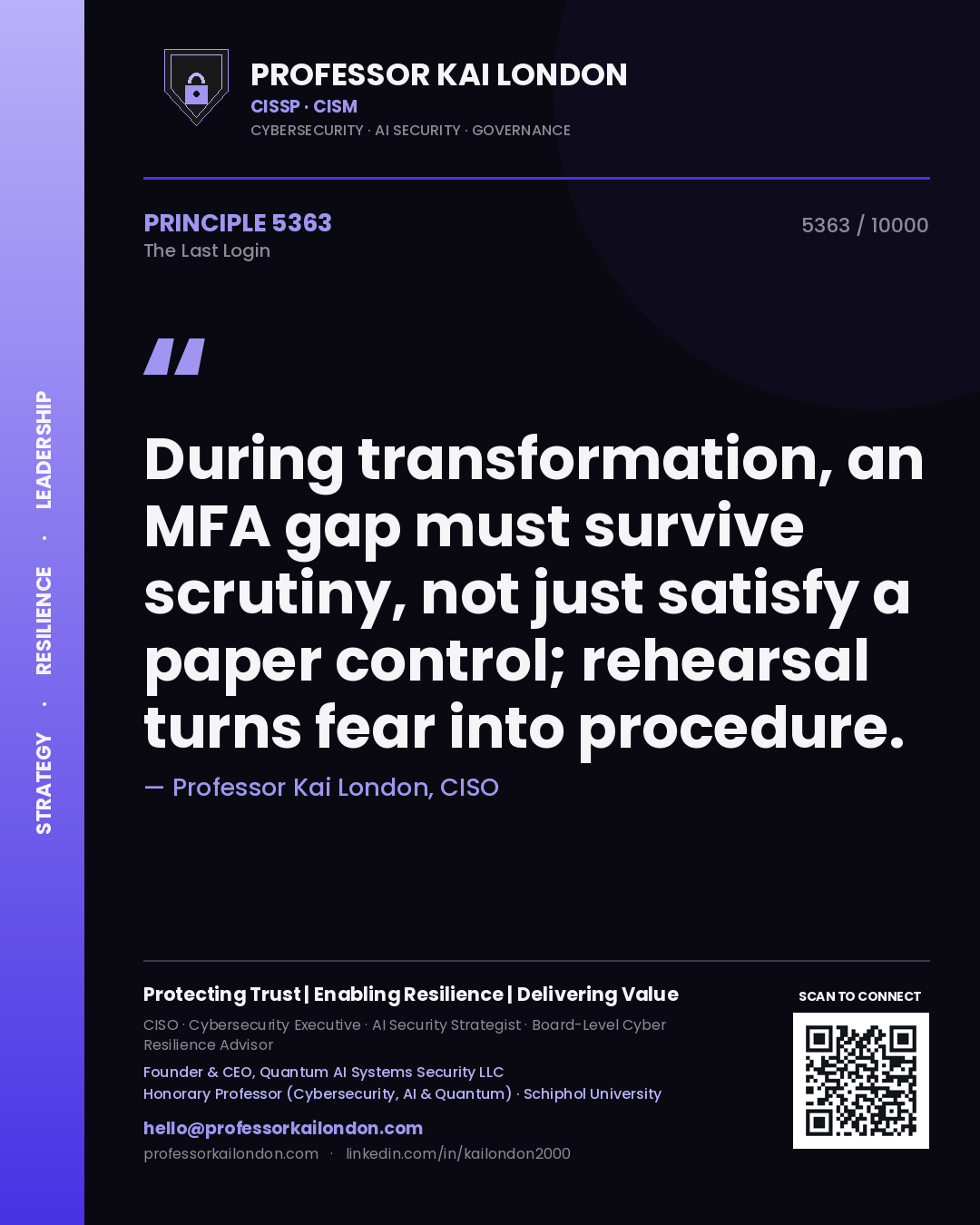 Professor Kai London principle 5363: During transformation, an MFA gap must survive scrutiny, not just satisfy a paper control; rehearsal turns fear into procedure.